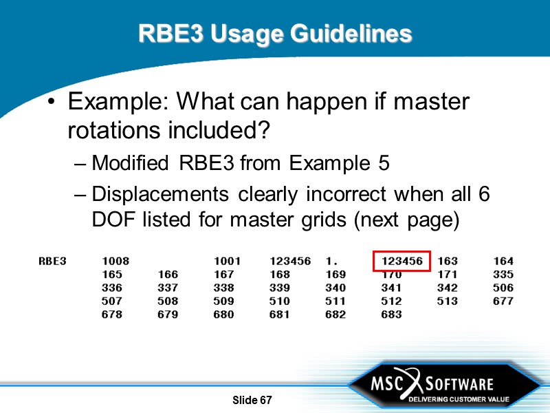 Slide 67 RBE3 Usage Guidelines Example: What can happen if master rotations included? Modified